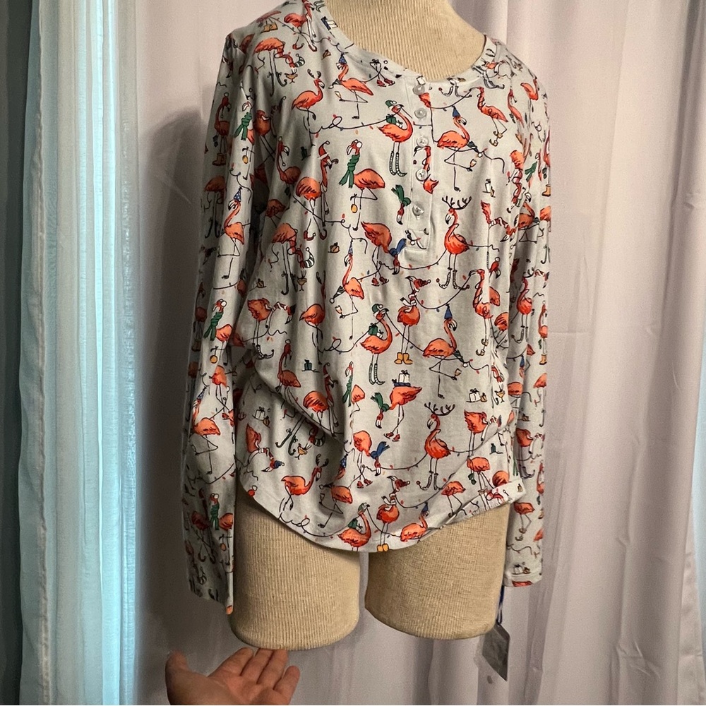 sleep sense christmas pijama top womens size s Multicolor Flamingos Long Sleeves